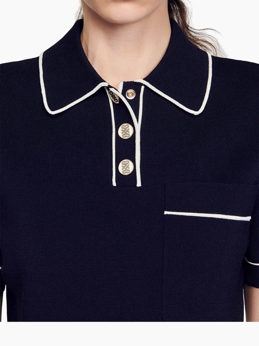 Sandro Navy Cropped Polo Top with White Piping - Picture 4 of 7